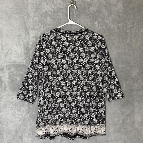 Lucky Brand Top 1X Boho V Neck Plus 3/4 Sleeve Black Floral Bohemian Flowy Tunic - Picture 4 of 10